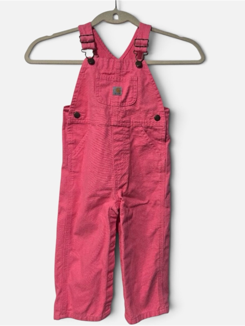 Carhartt Toddler Girl Pink Canvas Adjustable Bib Overalls Size 24M – Snap Legs